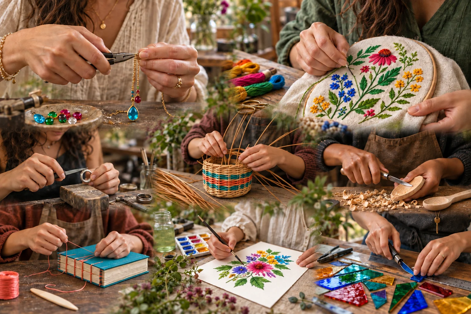 Collage de manos artesanas creando joyas, bordados, cestas, tallas de madera, libros, acuarelas y piezas de vidrio